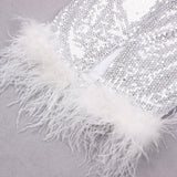 SEQUIN FEATHER MIDI DRESS IN WHITE