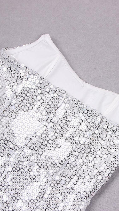 SEQUIN FEATHER MIDI DRESS IN WHITE