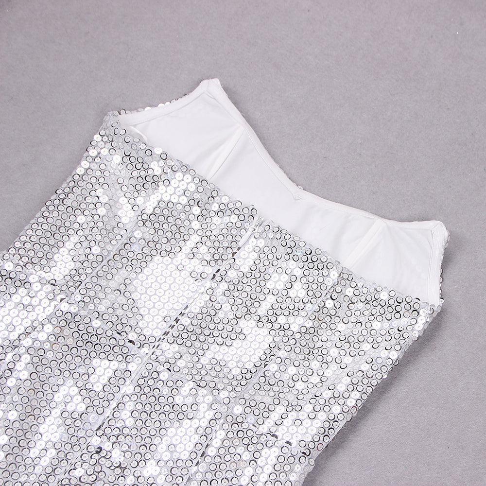 MIDIKLEID MIT PAILLETTEN UND FEDERN IN WEISS