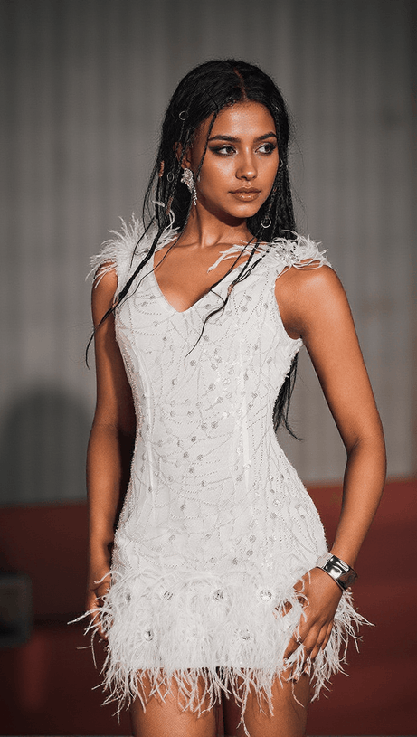 SHAQUILLE SEQUIN FEATHER MINI DRESS