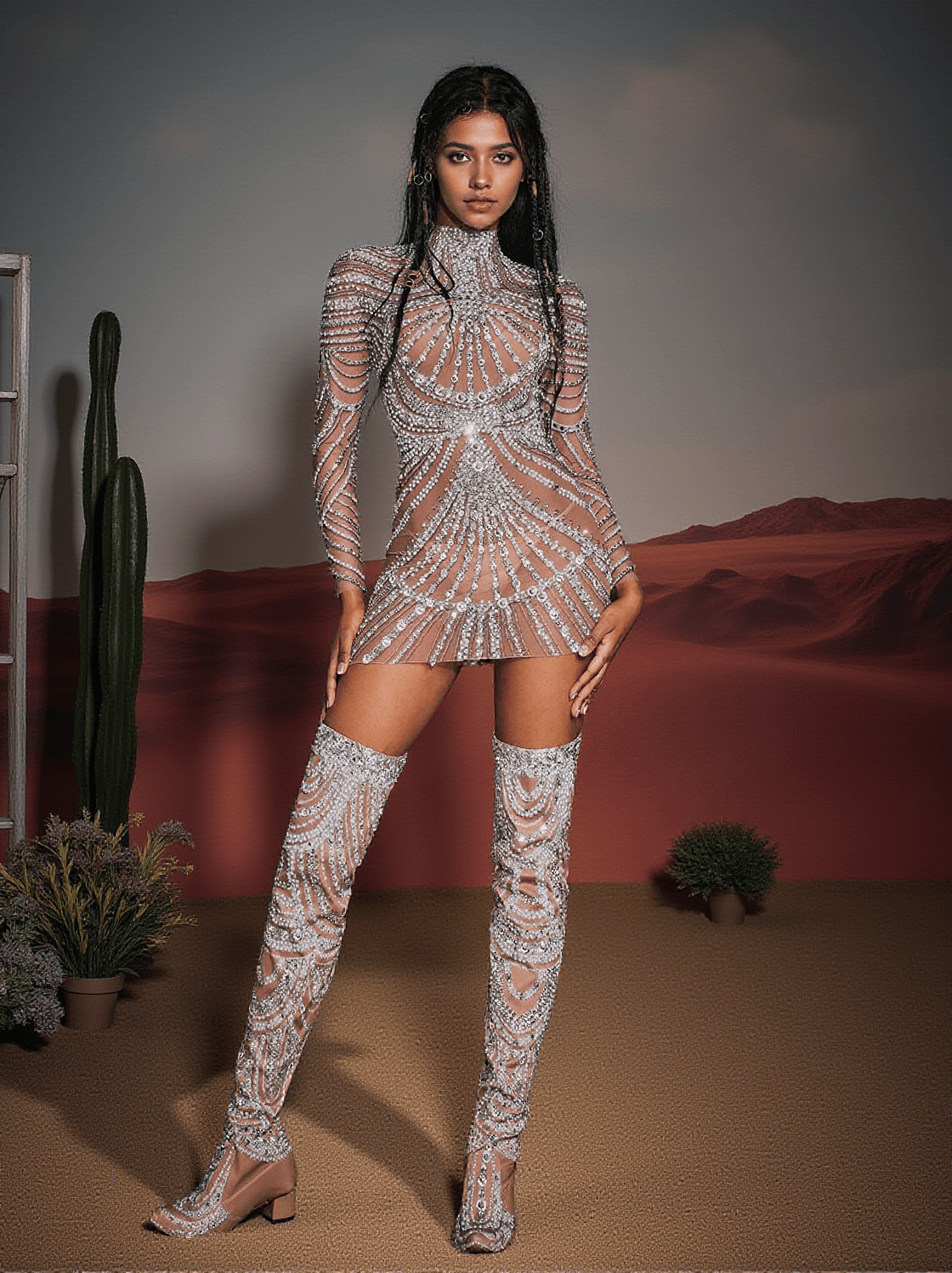 RUBEN LONG SLEEVE EMBELLISHED MESH MINI DRESS