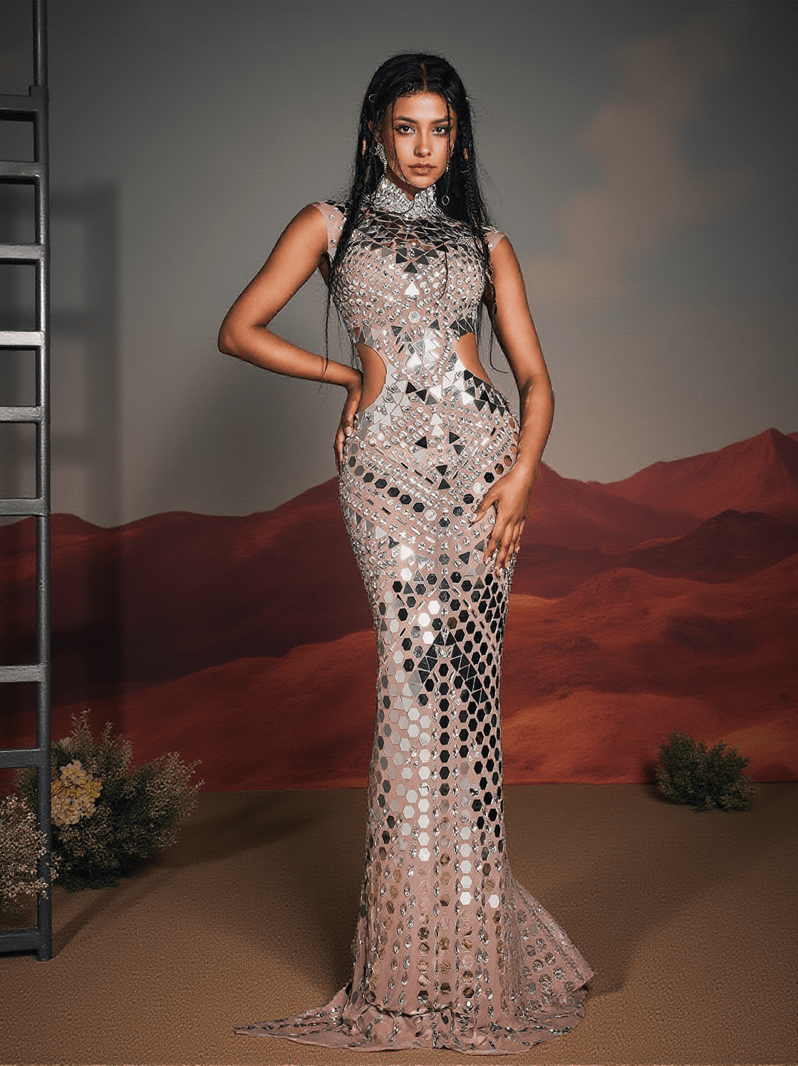 ABITO LUNGO IN ACRILICO CON COLLO ALTO E TAGLIO ANDY