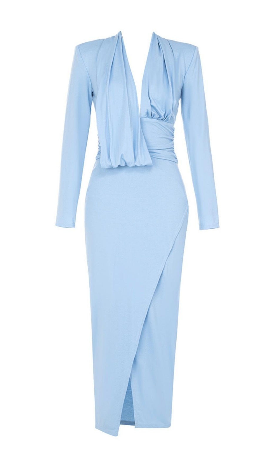 ABITO MIDI A MANICHE LUNGHE CON SCOLLO A V IN BLU