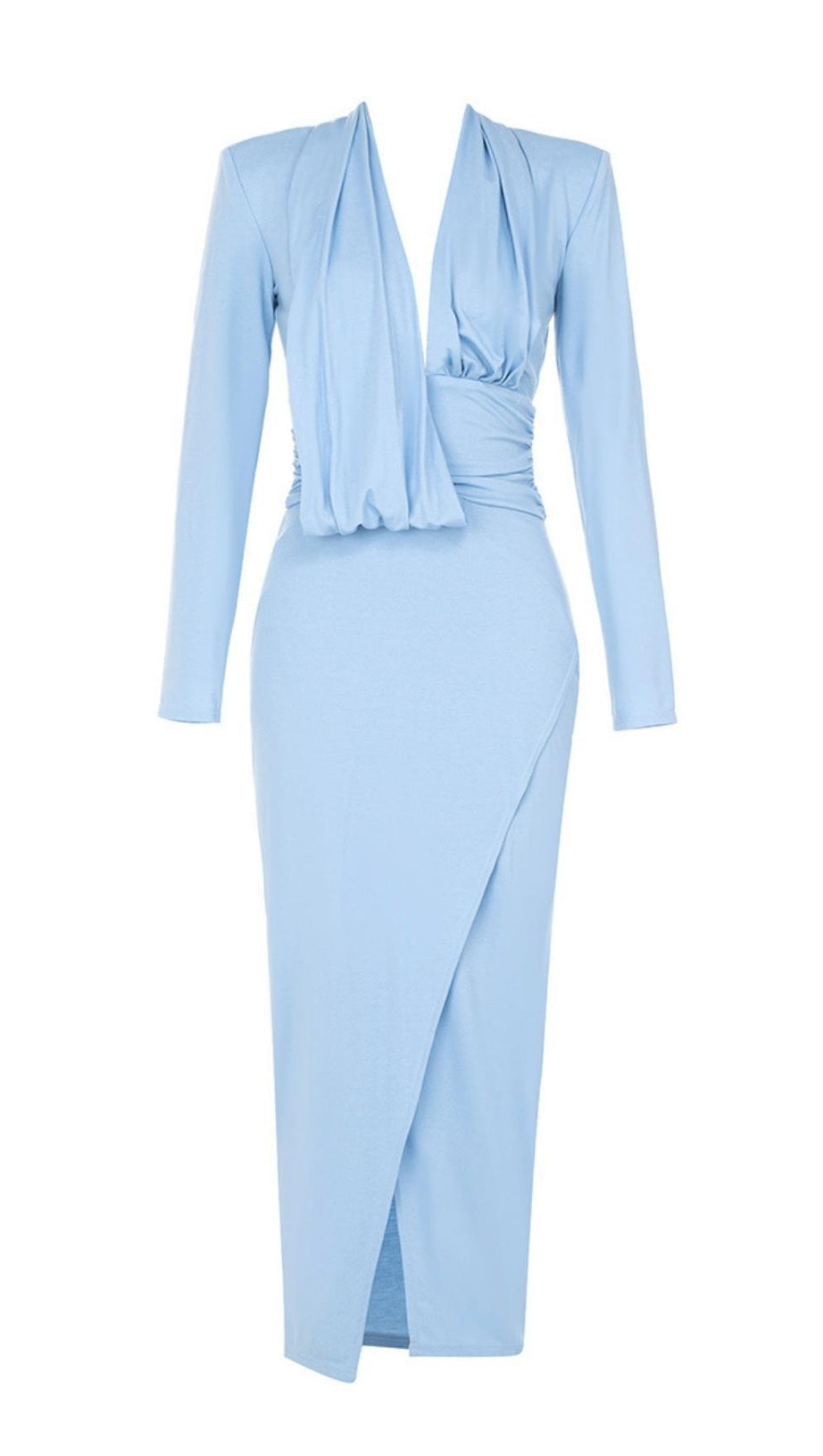 LONG SLEEVES V NECK MIDI DRESS IN BLUE