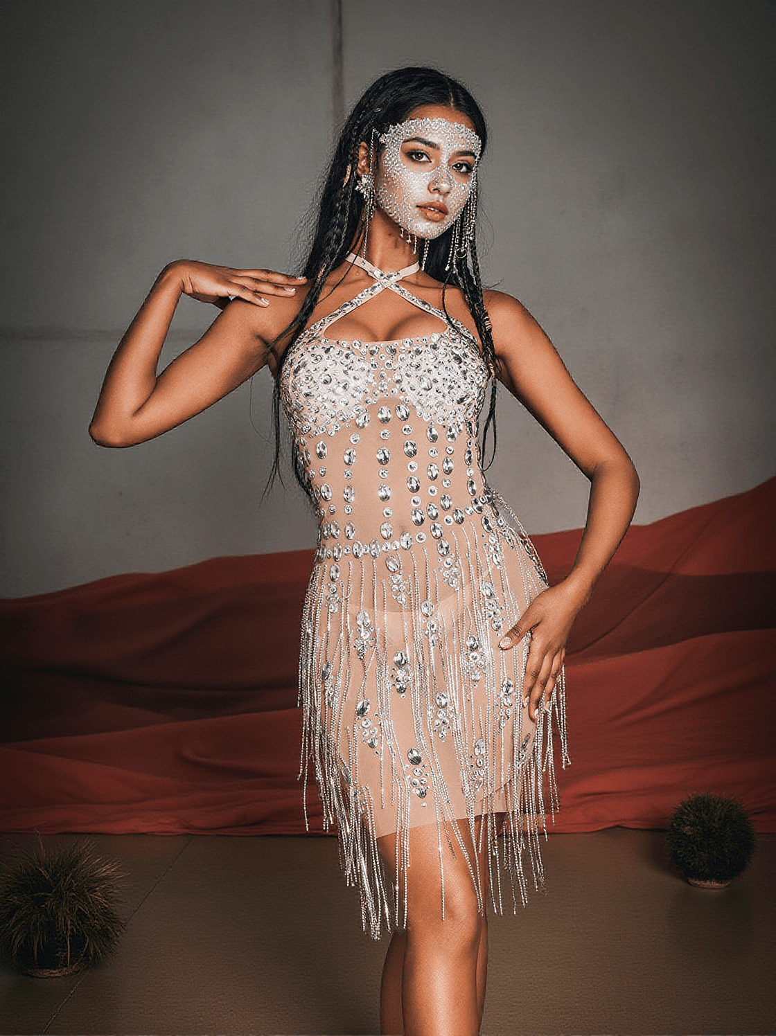 GREGORY HALTERNECK RHINESTONE FRINGE MINI DRESS