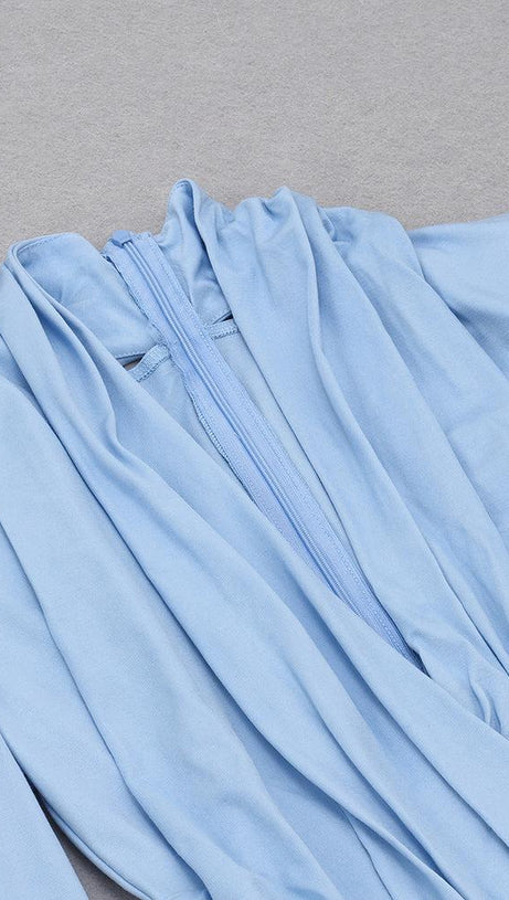 LONG SLEEVES V NECK MIDI DRESS IN BLUE