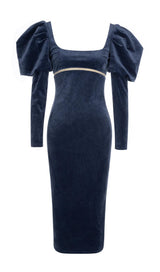 LONG SLEEVES BODYCON MIDI DRESS IN BLUE