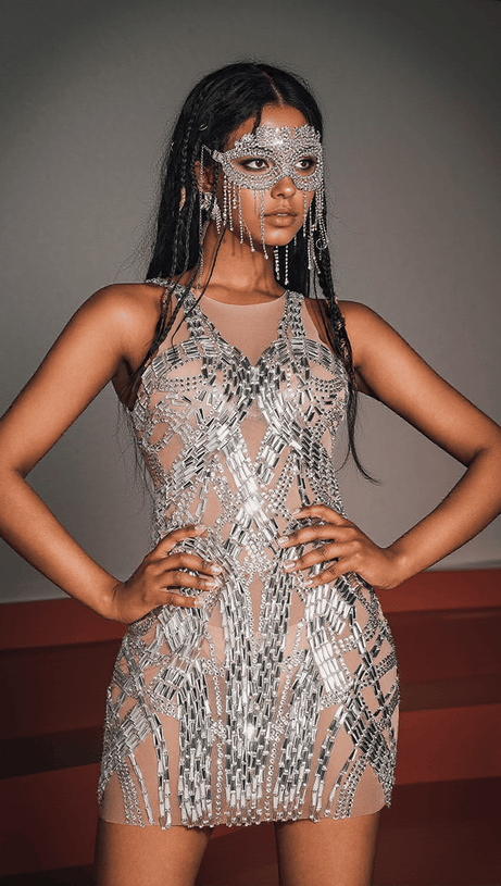 ZAIDEN RHINESONE MESH MINI DRESS