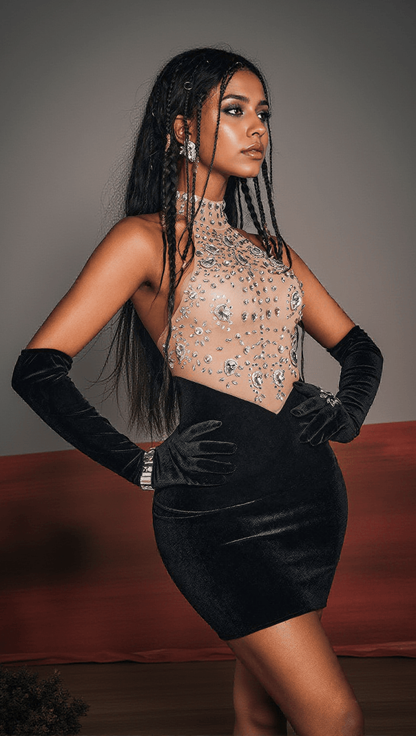 AIIZIE MOISES RHINESTONE VELVET DRESS WITH GLOVES - product image
