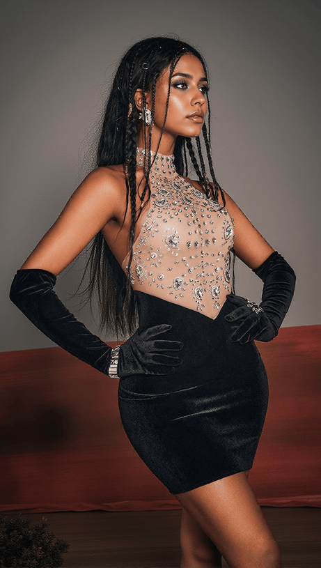 MOISES RHINESTONE VELVET DRESS WITH GLOVES
