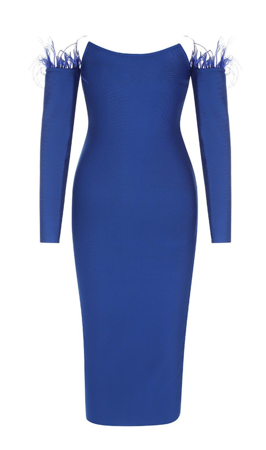 LANGÄRMELIGES TRÄGERLOSES MIDIKLEID IN BLAU