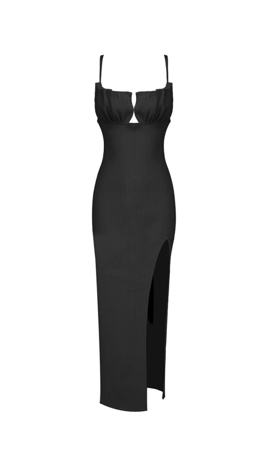 STRICKKLEID MIT MUSCHELNBRUST UND HOHER SCHLITZ SCHWARZ