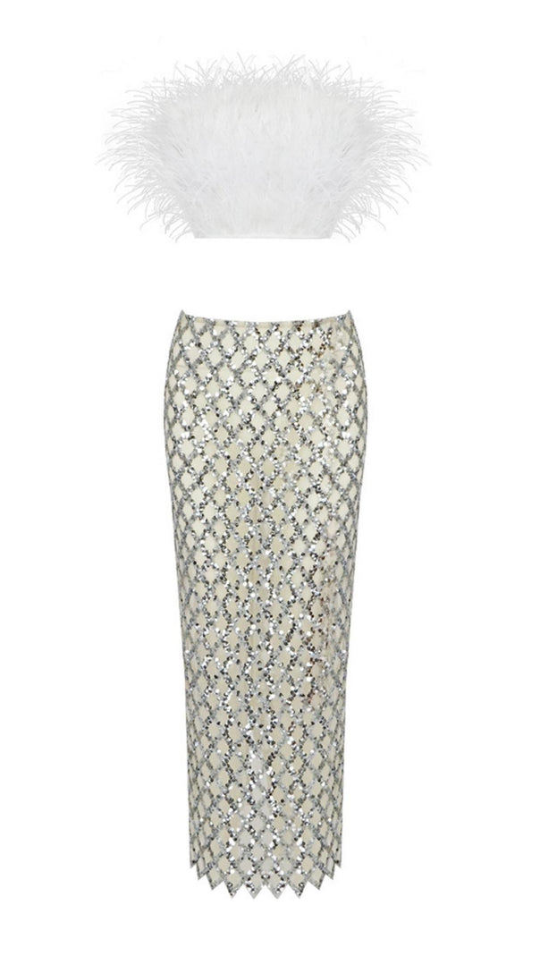 AIIZIE FEATHER SEQUIN TWO PIECE SET IN WHITE - product image