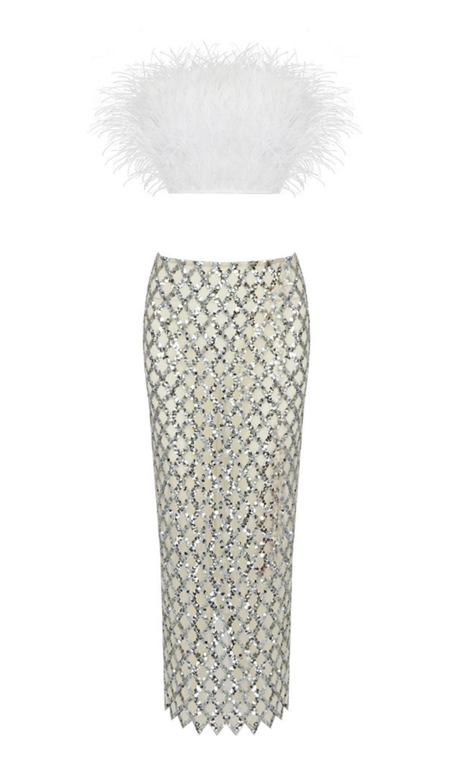 SET DUE PEZZI CON PIUME E PAILLETTES IN BIANCO