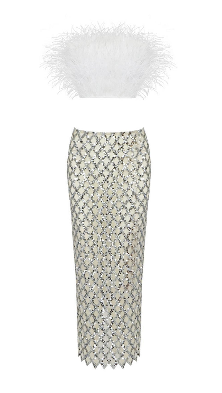 FEATHER SEQUIN TWO PIECE SET IN WHITE