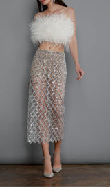 FEATHER SEQUIN TWO PIECE SET IN WHITE