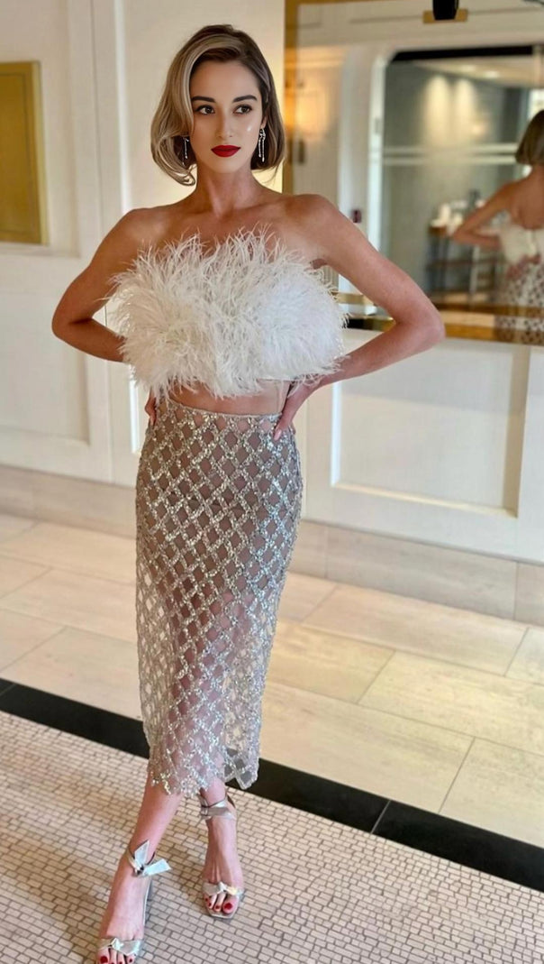AIIZIE FEATHER SEQUIN TWO PIECE SET IN WHITE - product image