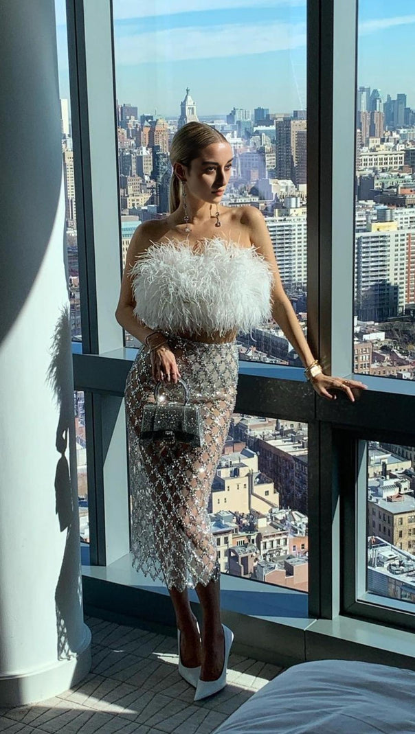 AIIZIE FEATHER SEQUIN TWO PIECE SET IN WHITE - product image