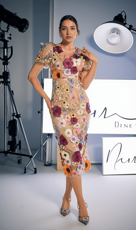 Grayson Flower Embroidered Midi Dress In Apricot