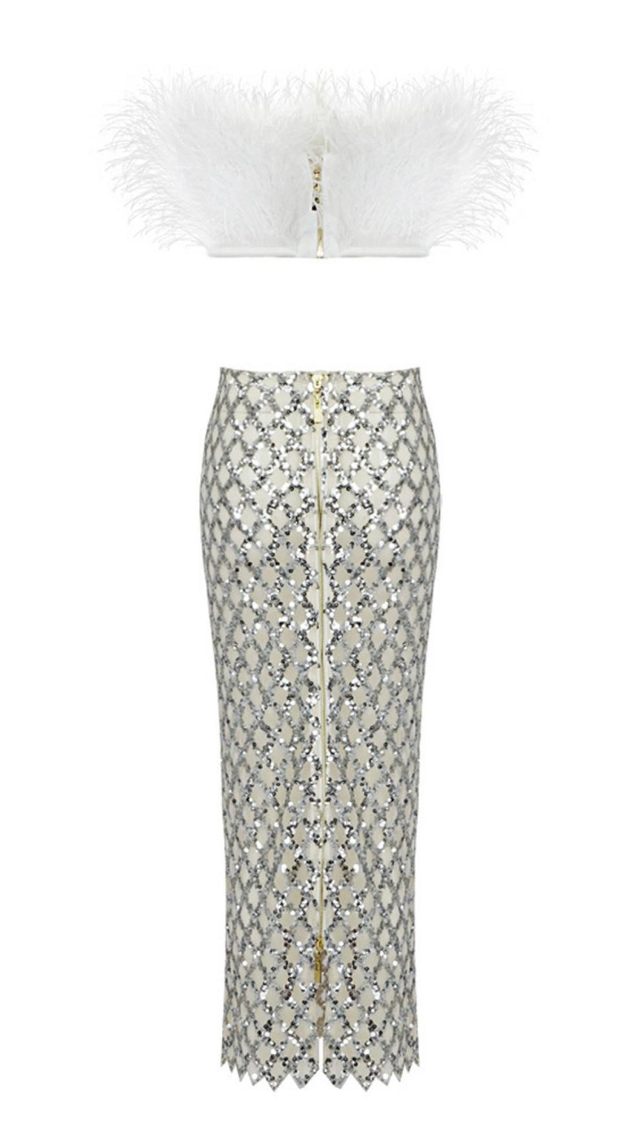 FEATHER SEQUIN TWO PIECE SET IN WHITE