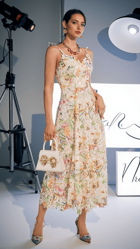 ORNAN FLORAL EMBROIDERED MIDI DRESS
