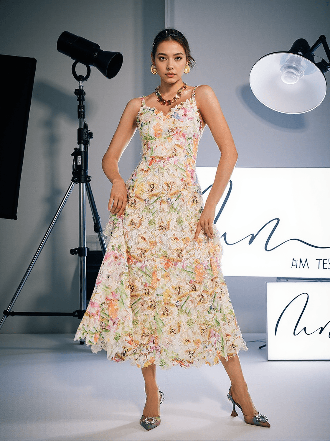 ORNAN FLORAL EMBROIDERED MIDI DRESS