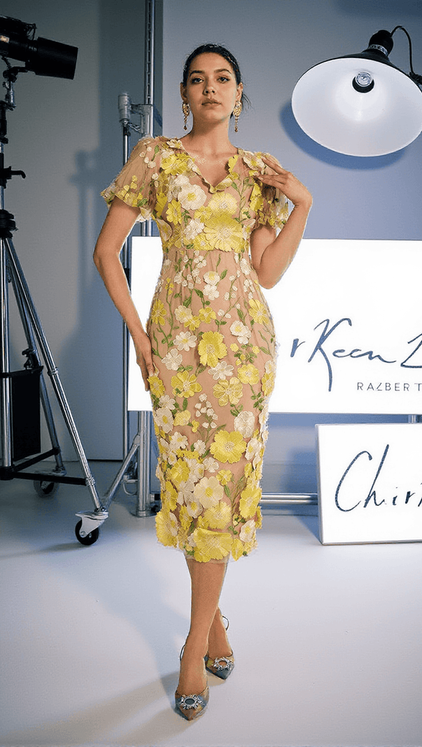 AIIZIE GRAYSON FLOWER EMBROIDERED MIDI DRESS IN YELLOW - product image