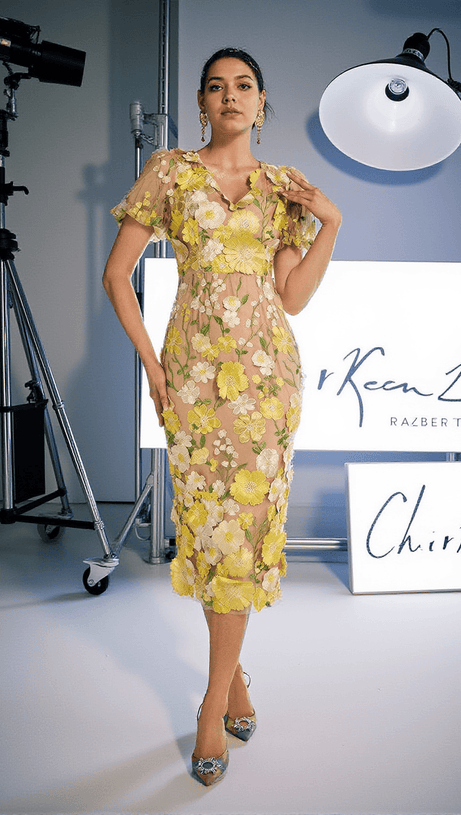 GRAYSON FLOWER EMBROIDERED MIDI DRESS IN YELLOW