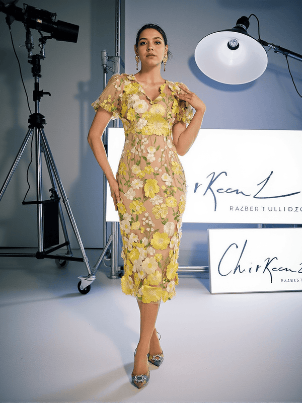 Grayson Flower Embroidered Midi Dress In Yellow