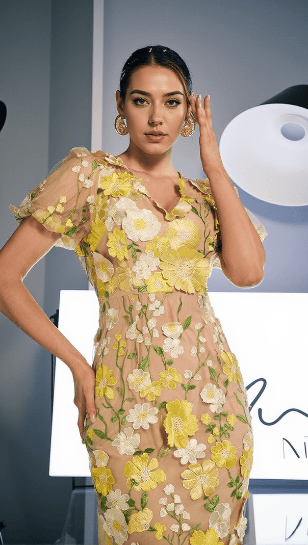 AIIZIE GRAYSON FLOWER EMBROIDERED MIDI DRESS IN YELLOW - product image
