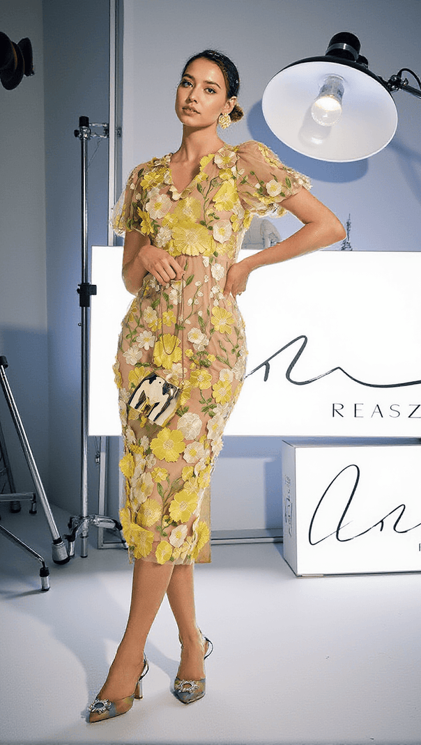 AIIZIE GRAYSON FLOWER EMBROIDERED MIDI DRESS IN YELLOW - product image
