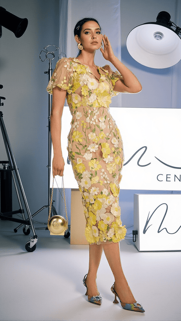 AIIZIE GRAYSON FLOWER EMBROIDERED MIDI DRESS IN YELLOW - product image