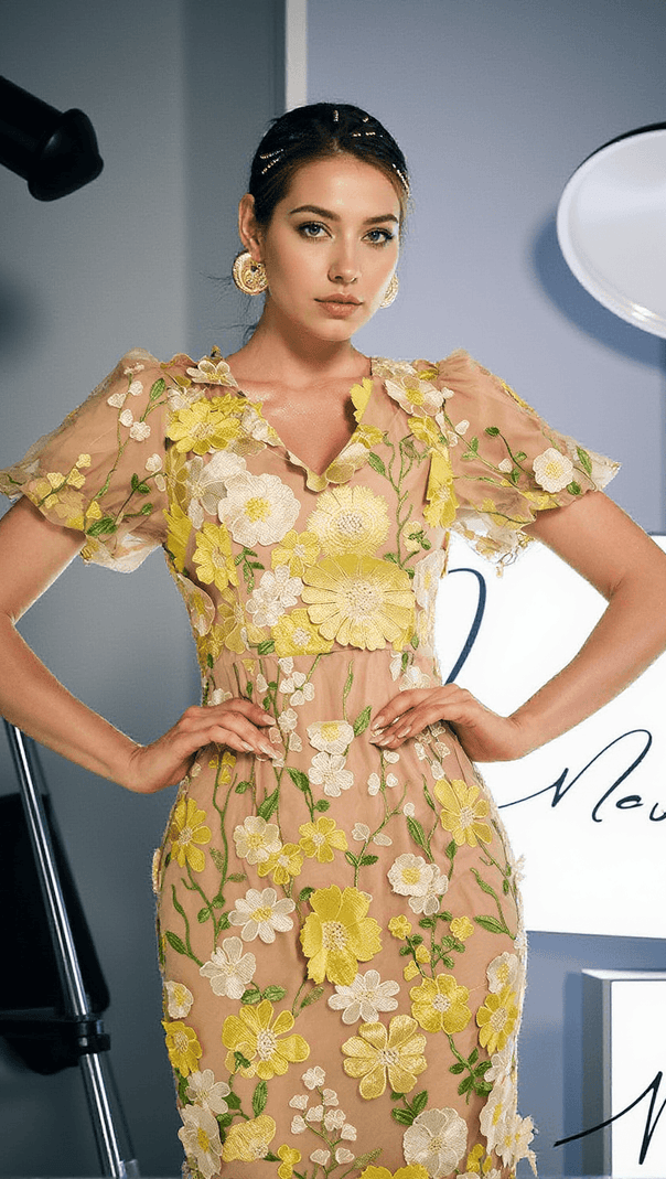 AIIZIE GRAYSON FLOWER EMBROIDERED MIDI DRESS IN YELLOW - product image