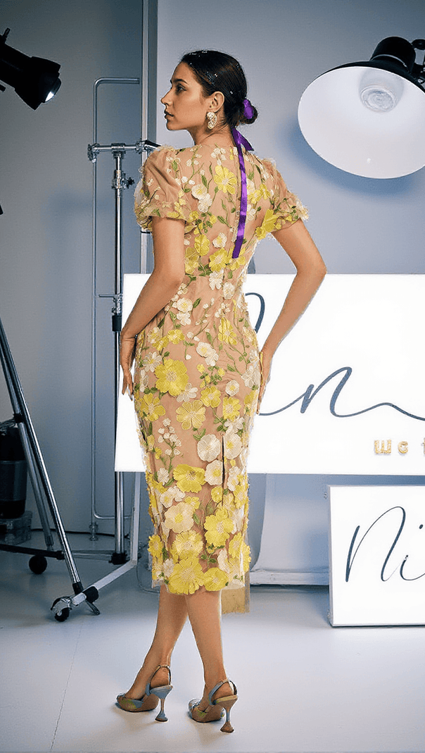 AIIZIE GRAYSON FLOWER EMBROIDERED MIDI DRESS IN YELLOW - product image