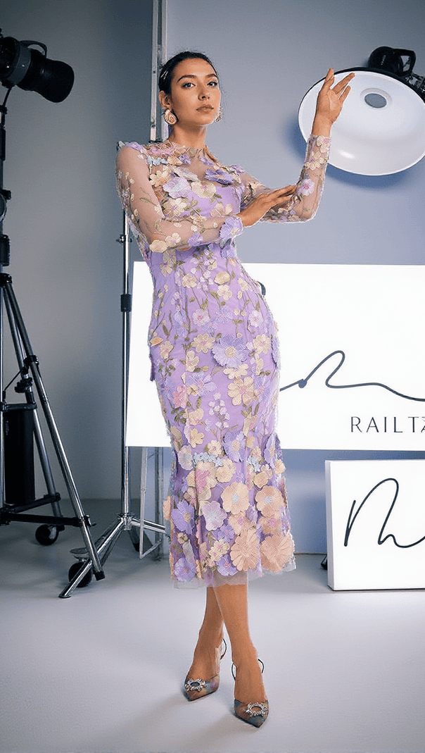 AIIZIE AMARA LONG SLEEVE EMBROIDERED MIDI DRESS IN PURPLE - product image