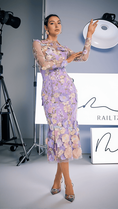 AMARA LONG SLEEVE EMBROIDERED MIDI DRESS IN PURPLE