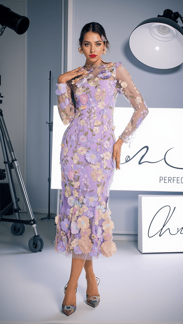 AIIZIE AMARA LONG SLEEVE EMBROIDERED MIDI DRESS IN PURPLE - product image