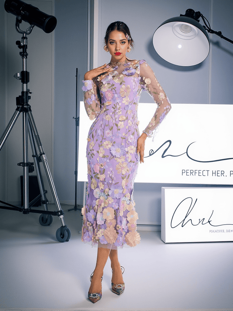 Amara Long Sleeve Embroidered Midi Dress In Purple