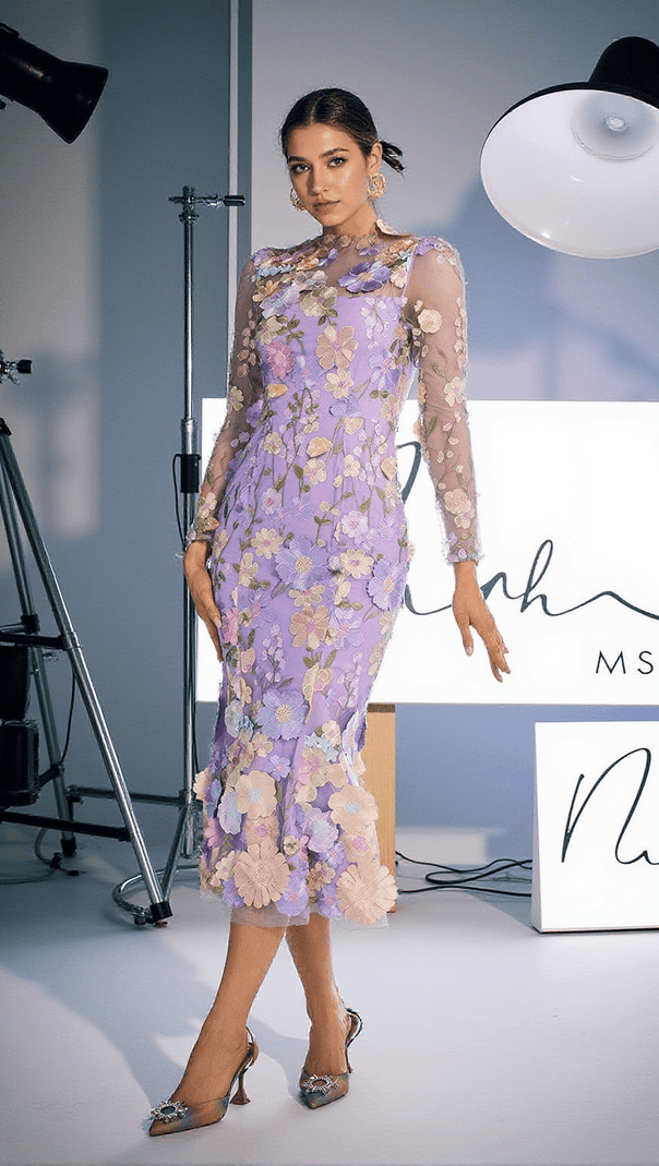 AIIZIE AMARA LONG SLEEVE EMBROIDERED MIDI DRESS IN PURPLE - product image