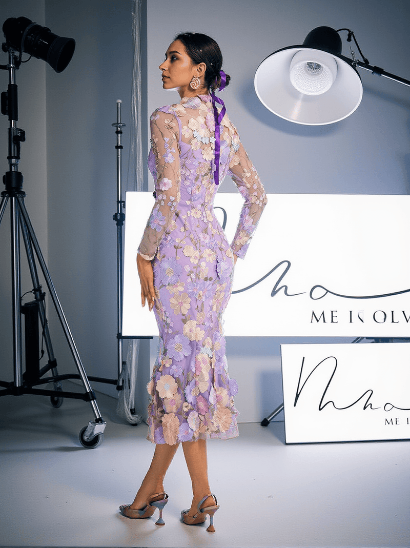 Amara Long Sleeve Embroidered Midi Dress In Purple