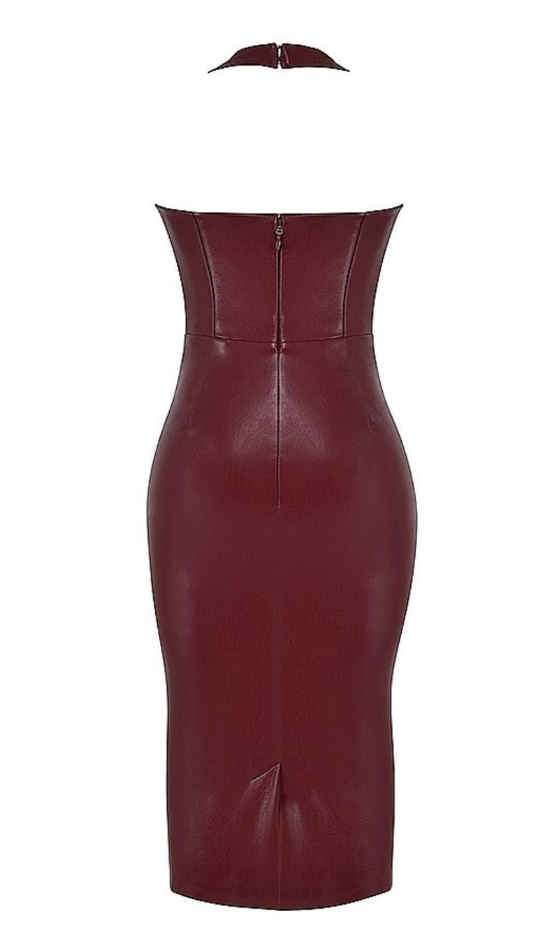 LEATHER MIDI DRESS IN WINE