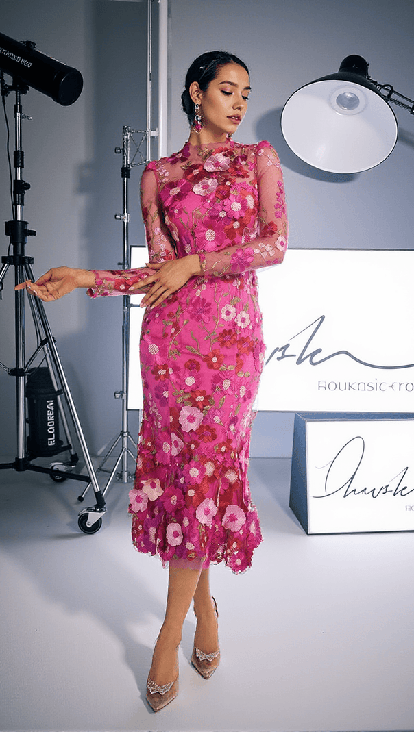 Amara Long Sleeve Embroidered Midi Dress in Hot Pink