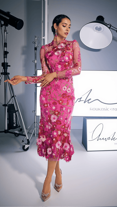 AMARA LONG SLEEVE EMBROIDERED MIDI DRESS IN HOT PINK