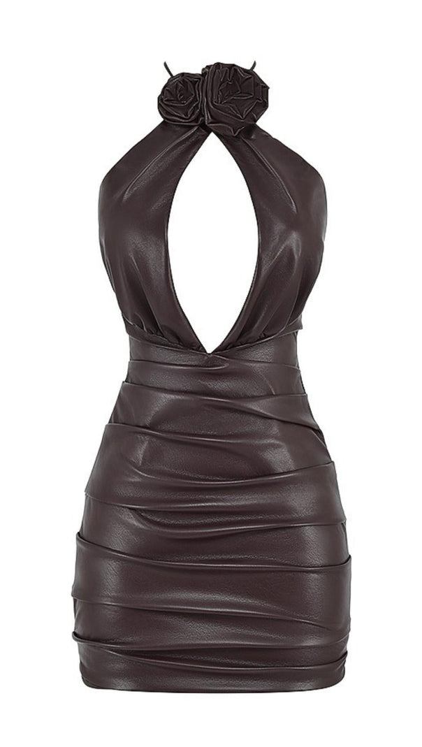 AIIZIE CUT OUT HALTER MINI DRESS IN CHOCOLATE - product image