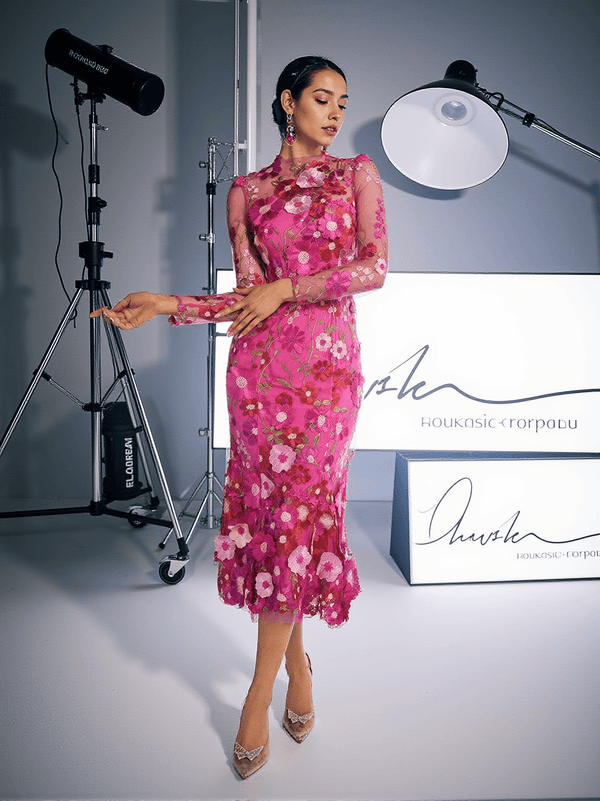 Amara Long Sleeve Embroidered Midi Dress In Hot Pink