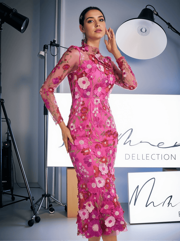 Amara Long Sleeve Embroidered Midi Dress In Hot Pink