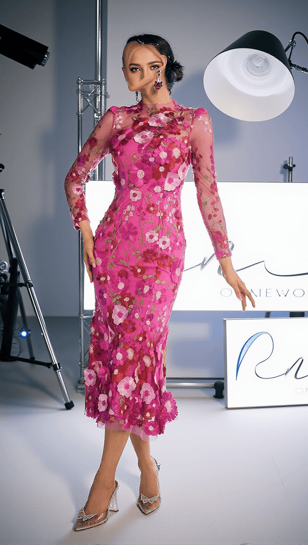 Amara Long Sleeve Embroidered Midi Dress in Hot Pink