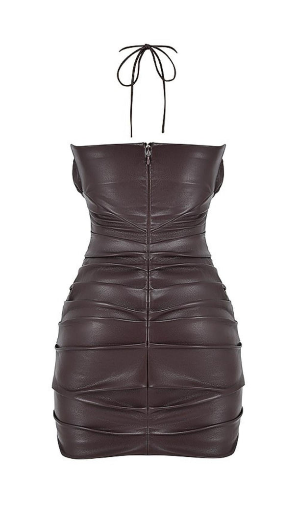 AIIZIE CUT OUT HALTER MINI DRESS IN CHOCOLATE - product image