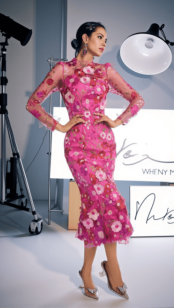 Amara Long Sleeve Embroidered Midi Dress in Hot Pink