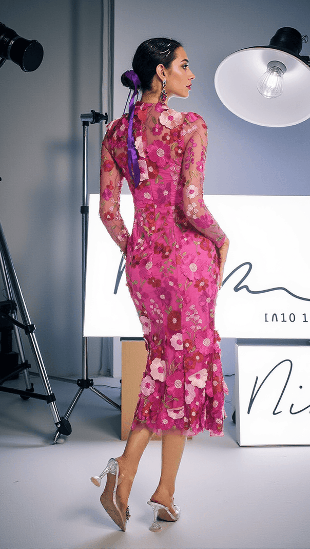 Amara Long Sleeve Embroidered Midi Dress in Hot Pink